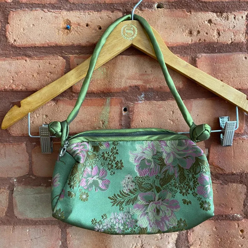 Green Floral Satin Shoulder Bag